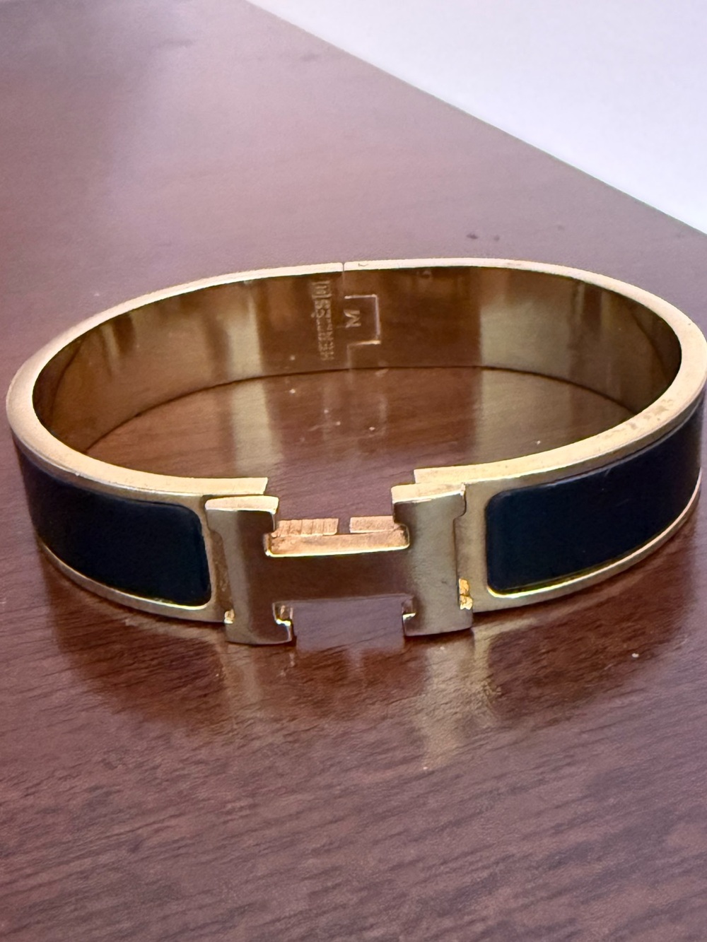 Black Enamel H Cuff Bracelet with Gold Tone